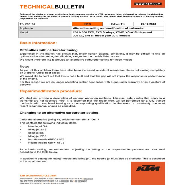 Kit tuning carburator KTM EXC 250/300 17 (Mikuni)