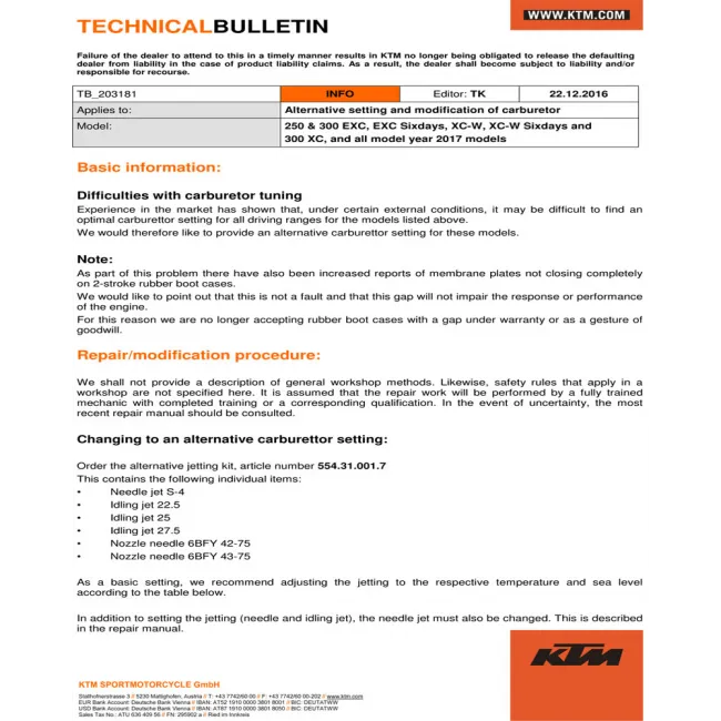 Kit tuning carburator KTM EXC 250/300 17 (Mikuni)